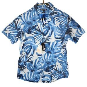 Michael Kors Mens Slim-Fit Stretch Palm-Print Seersucker Shirt Blue L